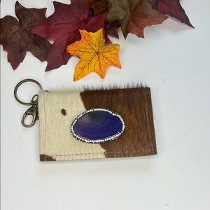 Brown and White Hair on Hide Leather Keychain Wallet with Purple Stone